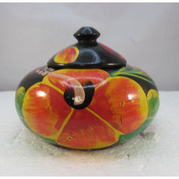 Hand Painted Tropical Flowers Wooden Jar with Lid - Picture 1 of 12